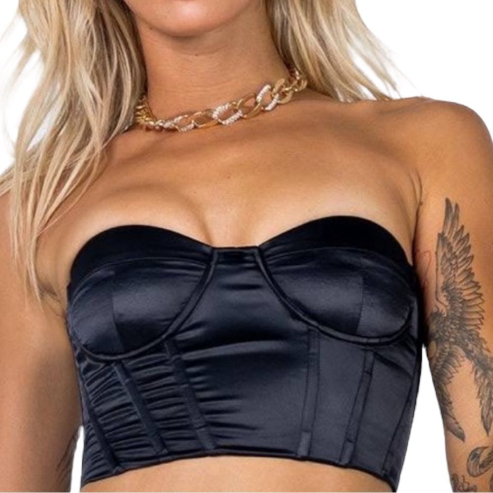 Princess Polly Sz black satin corset with boning, whimsygoth, witchy goth
